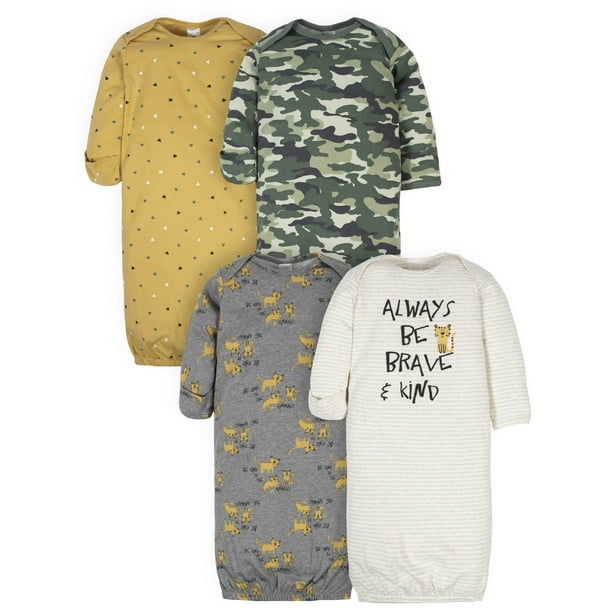 Gerber Baby Boy Long Sleeve Gowns with Mitten Cuffs, 4Pack
