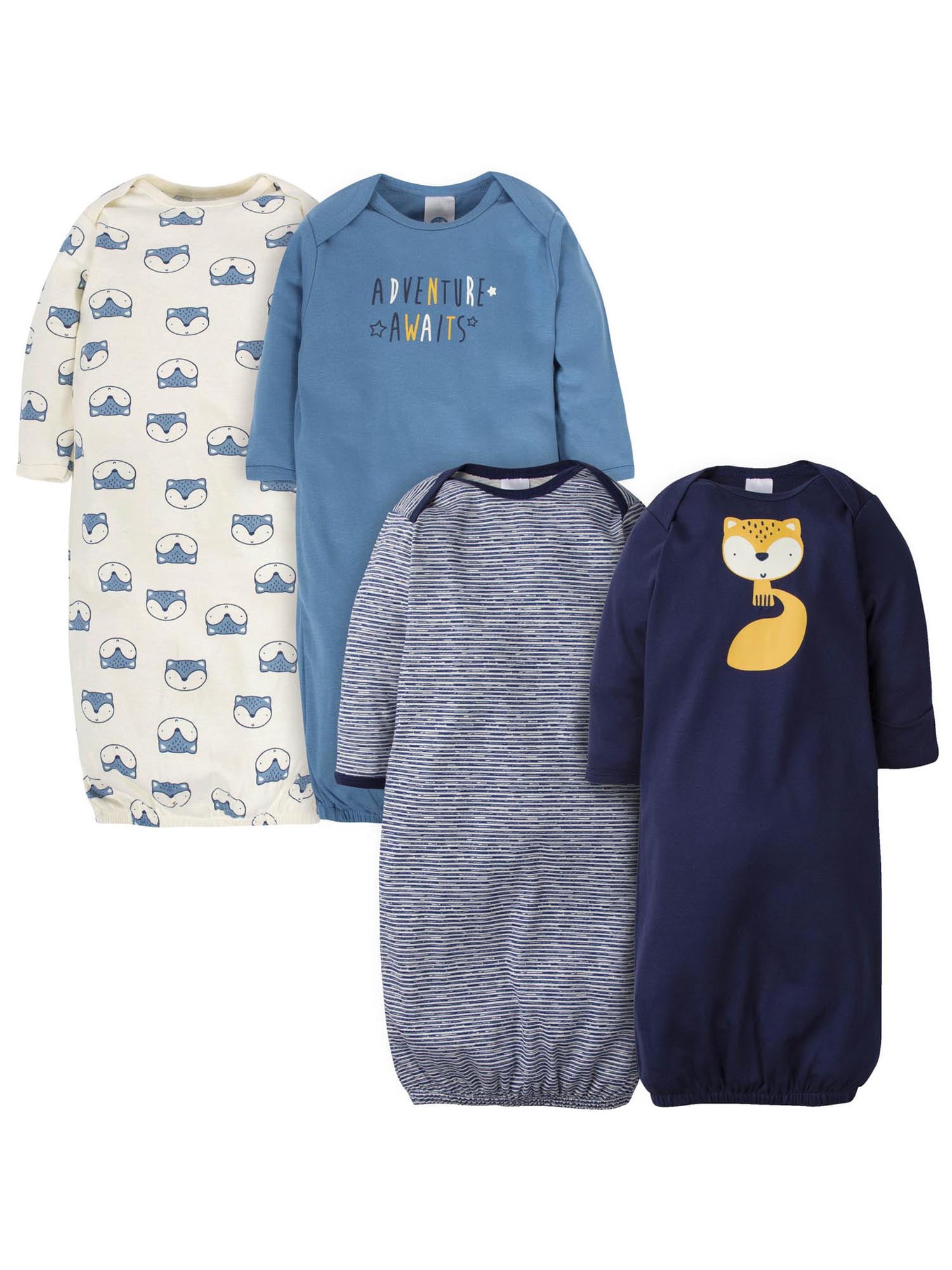 Gerber Baby Boy Long Sleeve Gowns with Mitten Cuffs, 4Pack