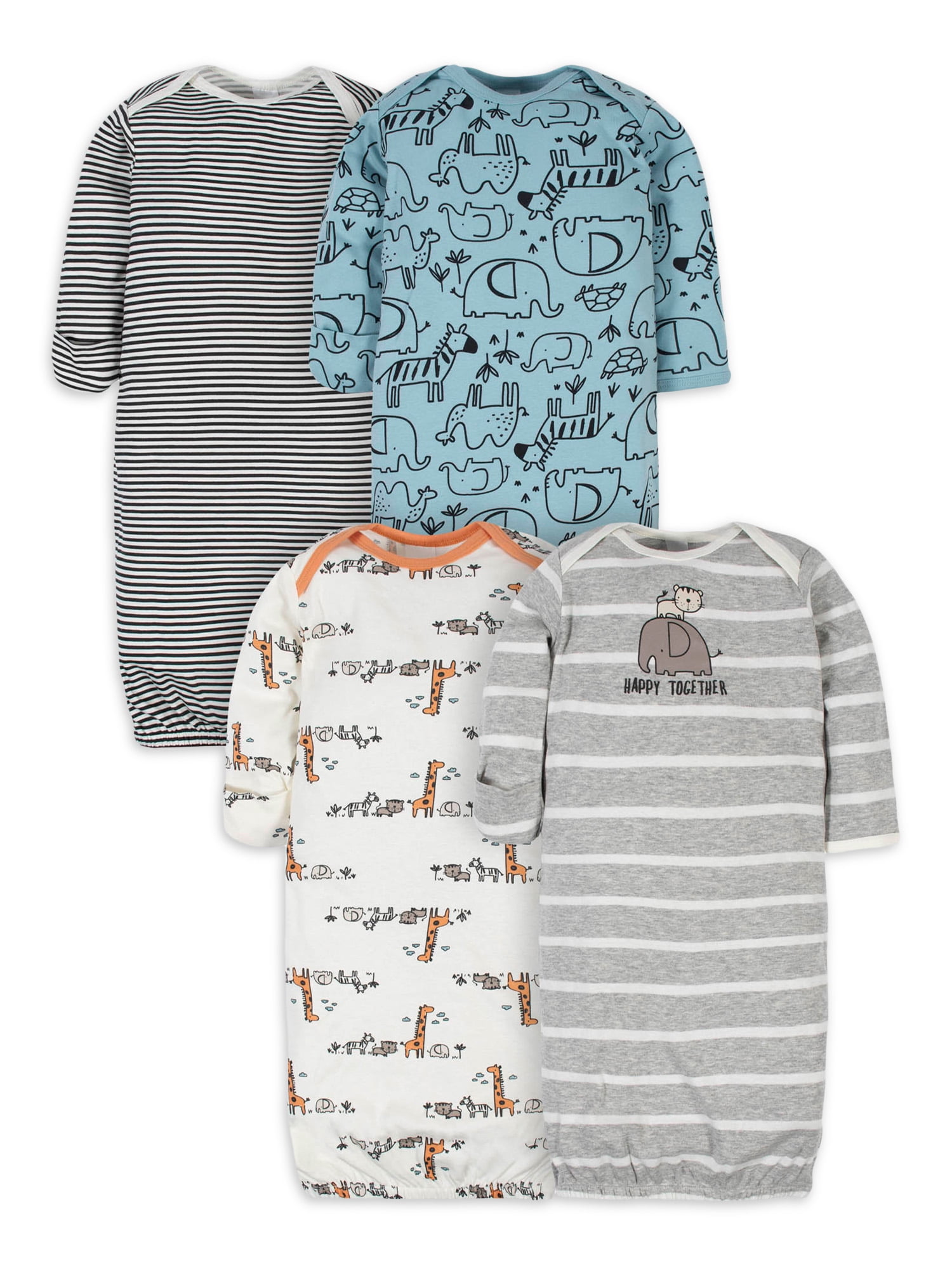 Gerber Baby Boy Long Sleeve Gowns with Mitten Cuffs, 4Pack