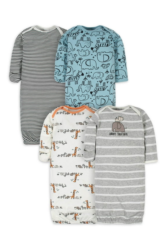 Baby Boy Long Sleeve Gowns with Mitten Cuffs, 4-Pack