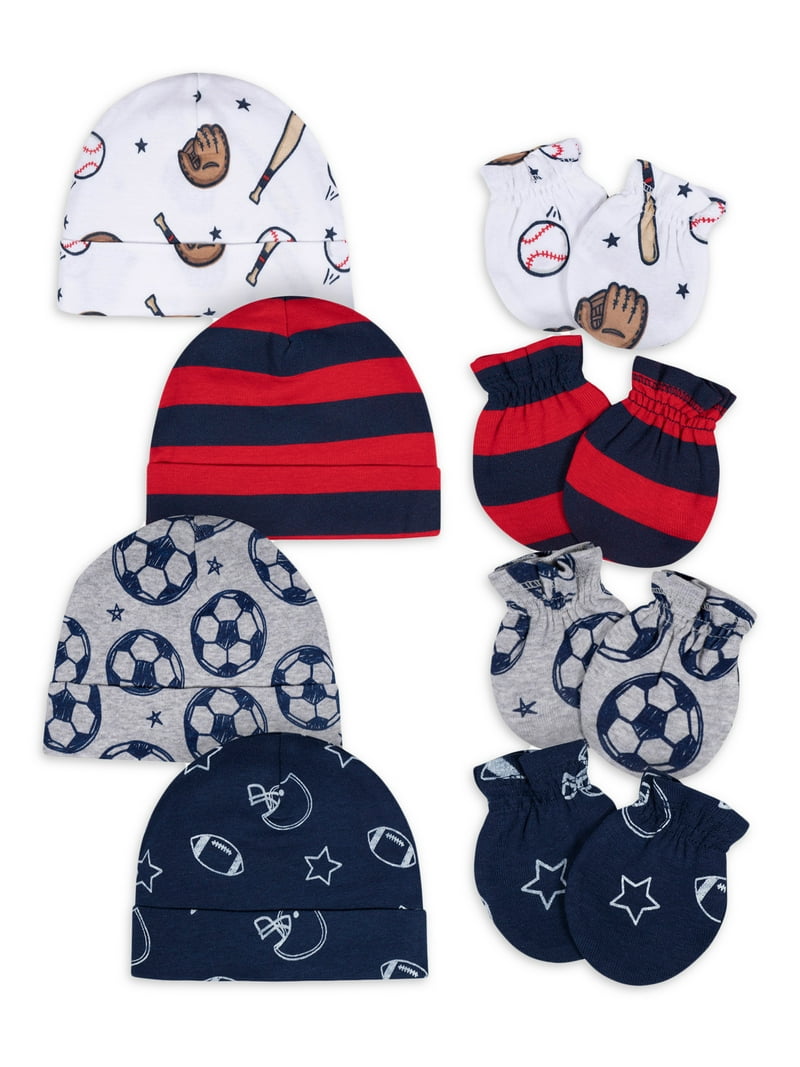 Gerber Baby Boy No Scratch Mittens Caps Set, 8-Piece (Newborn