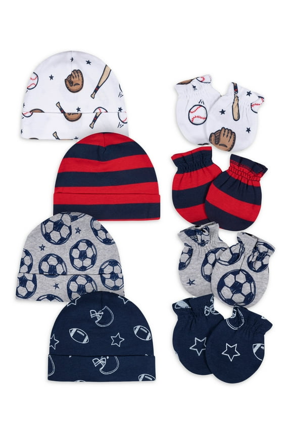 Baby Boy No Scratch Mittens & Caps Set, 8-Piece (Newborn - 0/3M)