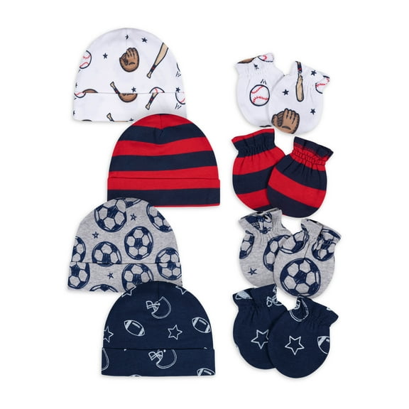 Gerber Baby Boy No Scratch Mittens & Caps Set, 8-Piece (Newborn - 0/3M)