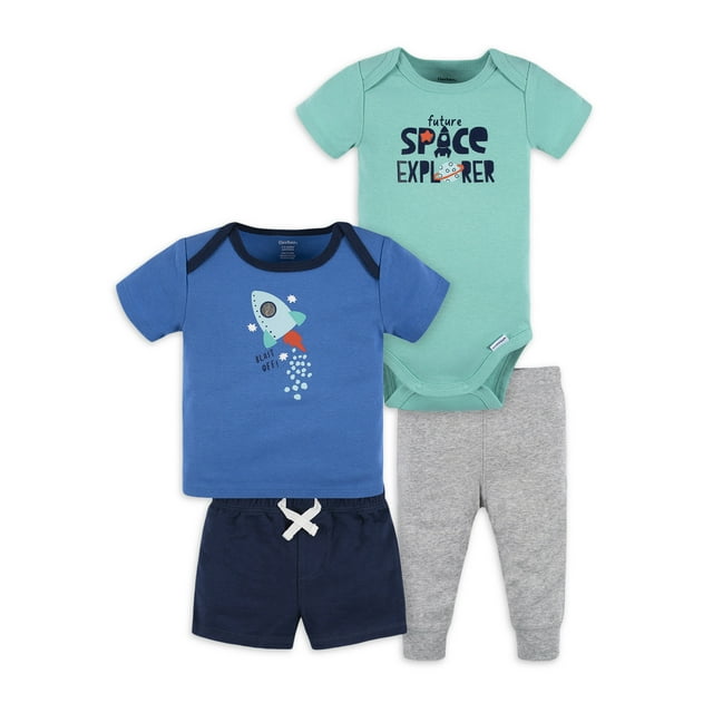 Gerber Baby Boy Onesies Bodysuit, Shirts, Shorts & Pant Outfit Set, 4Piece, Newborn 24 Months