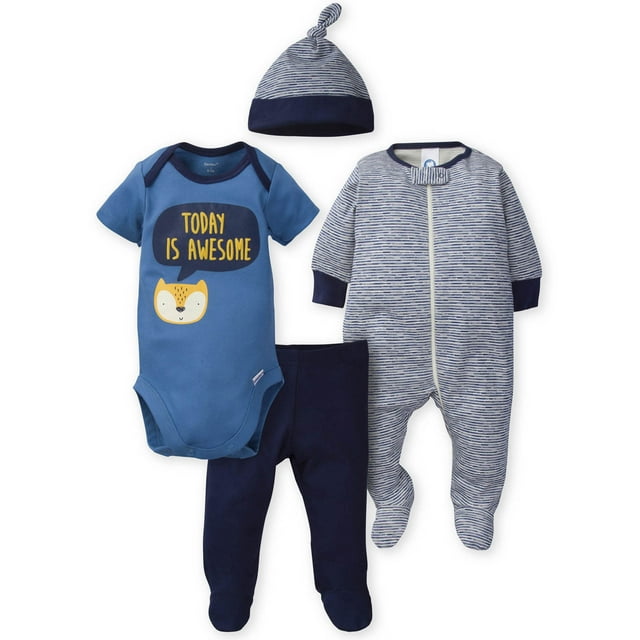 Gerber Baby Boy Onesies Bodysuit, Sleep 'n Play, Pants & Cap Set, 4Piece