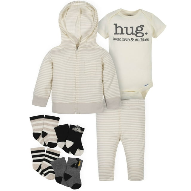 Gerber Baby Boy Organic Hooded Cardigan, Bodysuit, Pants & Wiggle-Proof Socks Set, 7-Piece