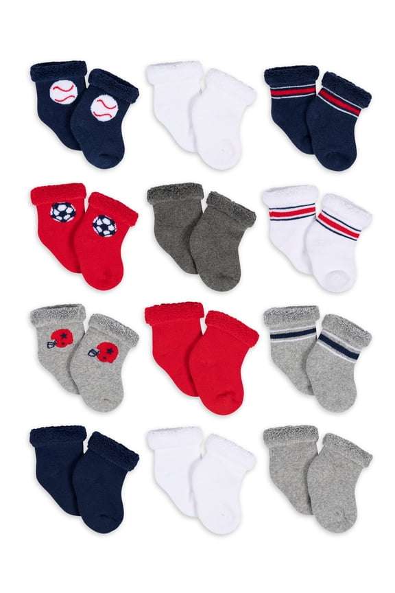 Baby Boy Terry Wiggle-Proof Socks, 12-Pack (0-3 Months - 6/9 Months)