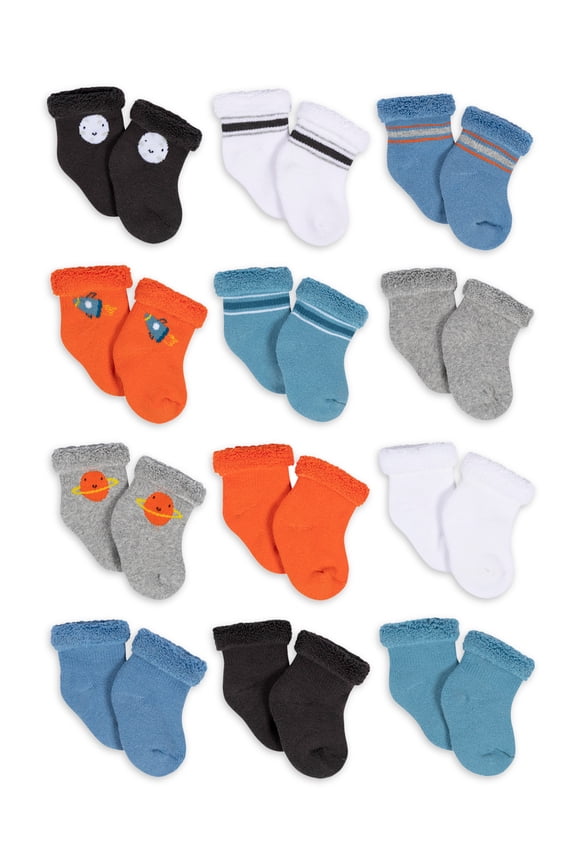 Baby Boy Terry Wiggle-Proof Socks, 12-Pack (0-3 Months - 6/9 Months)