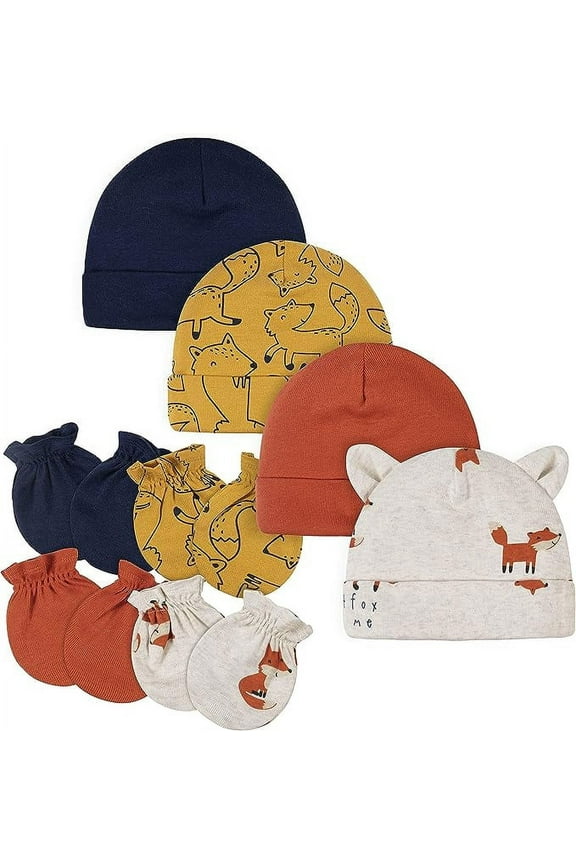 Baby Boy and Girl Caps & Mittens Set, 8-Piece, Fox