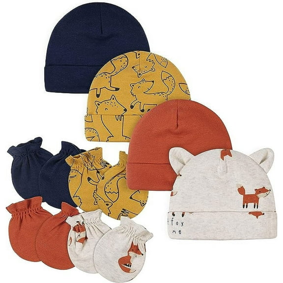 Gerber Baby Boy and Girl Caps & Mittens Set, 8-Piece, Fox