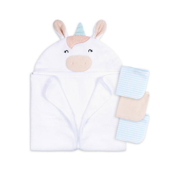 Gerber Baby Boy or Girl Casual Unisex Hooded Terry Towel and Washcloths, 4-Piece Bath Set