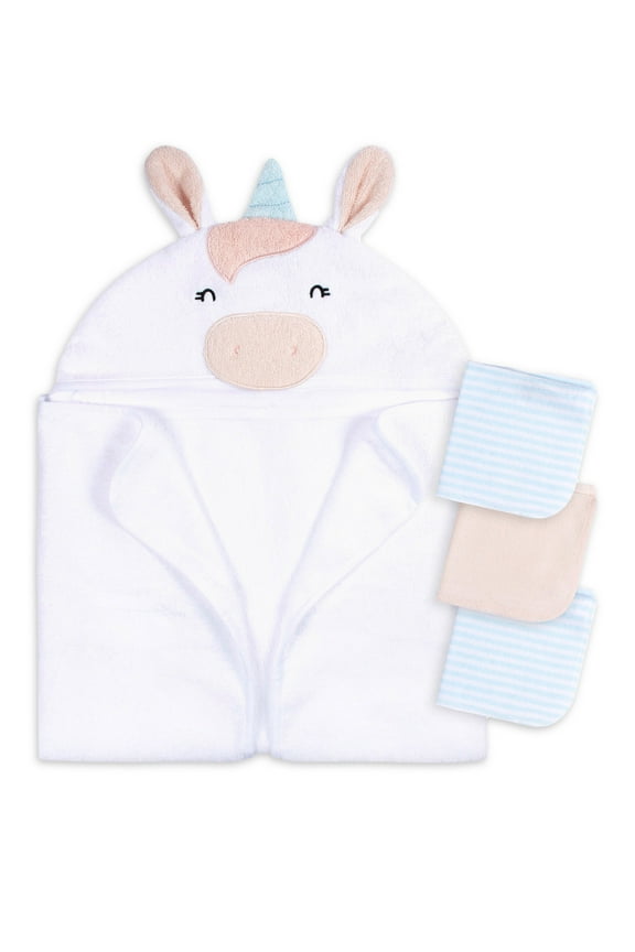Baby Boy or Girl Casual Unisex Hooded Terry Towel and Washcloths, 4-Piece Bath Set