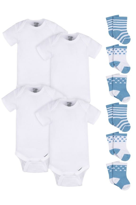 Baby Boy or Girl Gender Neutral Bodysuits and Wiggle-Proof Socks Set, Sizes 0/3 Months-6/9 Months