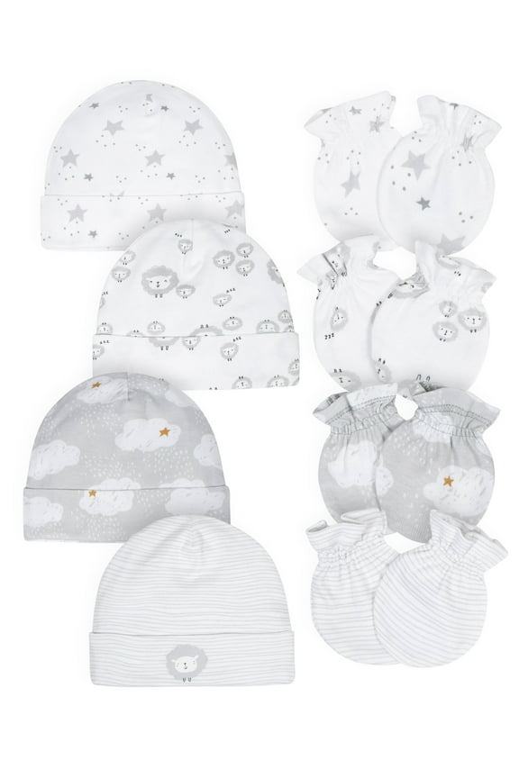 Baby Boy or Girl Gender Neutral Caps and Mittens Bundle, 8-Piece