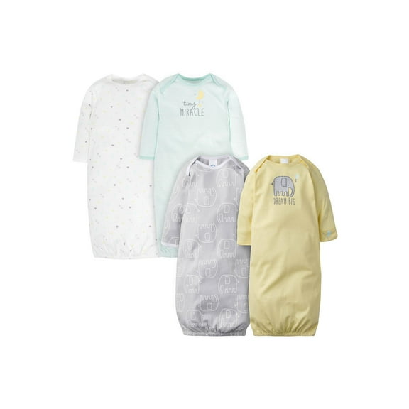 Gerber Baby Boy or Girl Gender Neutral Long Sleeve Gowns, 4-Pack, Preemie - 0/6 Months