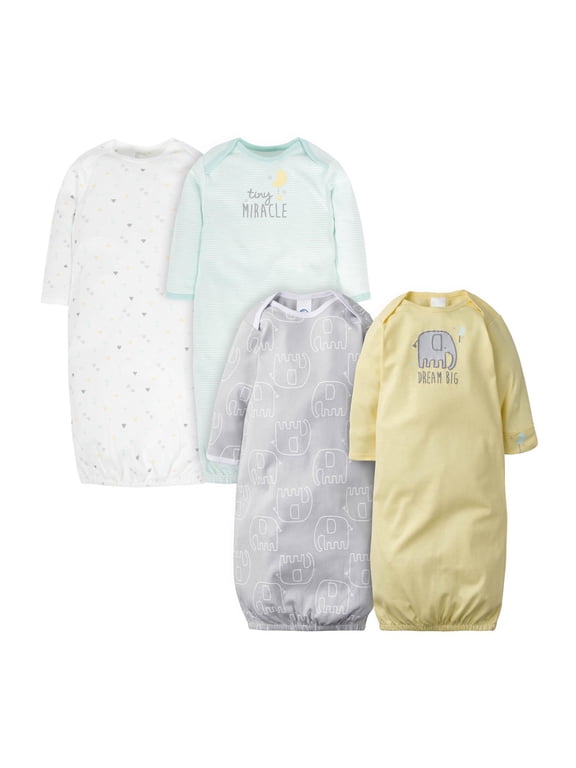 Baby Boy or Girl Gender Neutral Long Sleeve Gowns, 4-Pack, Preemie - 0/6 Months