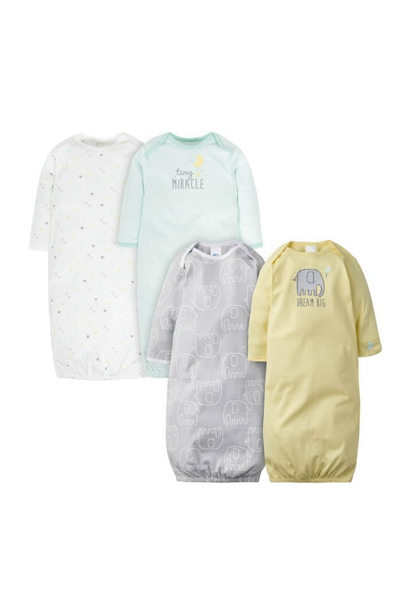 Baby Boy or Girl Gender Neutral Long Sleeve Gowns, 4-Pack, Preemie - 0/6 Months
