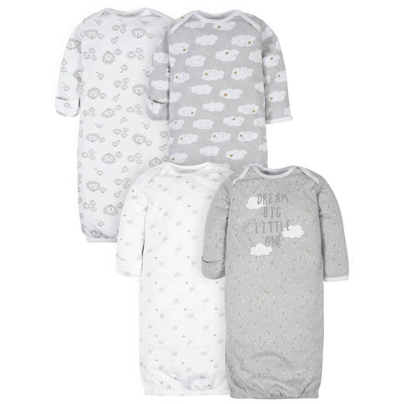Gerber Baby Boy or Girl Gender Neutral Long Sleeve Gowns, 4-Pack, Preemie - 0/6 Months
