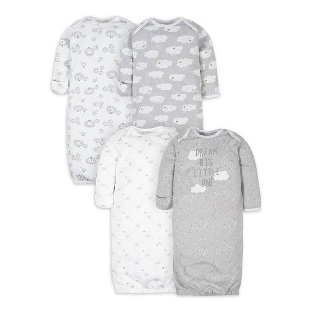 Gerber Baby Boy or Girl Gender Neutral Long Sleeve Gowns, 4Pack