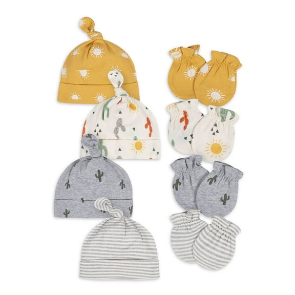 Gerber Baby Boy or Girl Gender Neutral No Scratch Mittens & Caps Set, 8-Piece (Newborn - 0/3M)