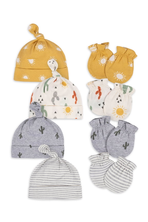 Baby Boy or Girl Gender Neutral No Scratch Mittens & Caps Set, 8-Piece (Newborn - 0/3M)