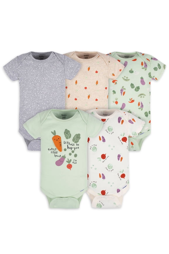 Baby Boy or Girl Gender Neutral Short Sleeves Onesies Bodysuits, 5-Pack (Newborn - 12 Months)