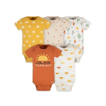 Gerber Baby Boy or Girl Gender Neutral Short Sleeves Onesies Bodysuits, 5-Pack (Newborn - 12 Months)