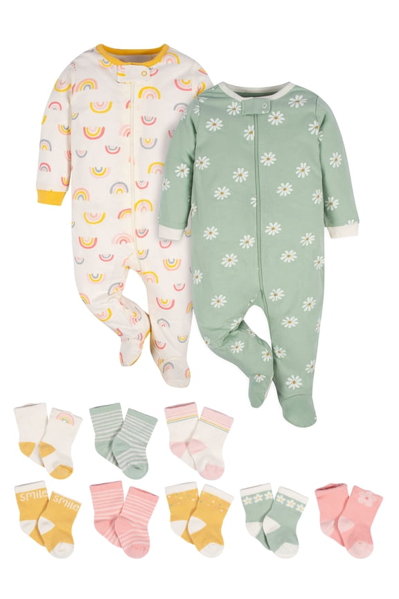 Baby Boy or Girl Gender Neutral Sleep 'N Play and Socks Gift Set, 10 Piece, Sizes 0-3 Months - 6-9 Months
