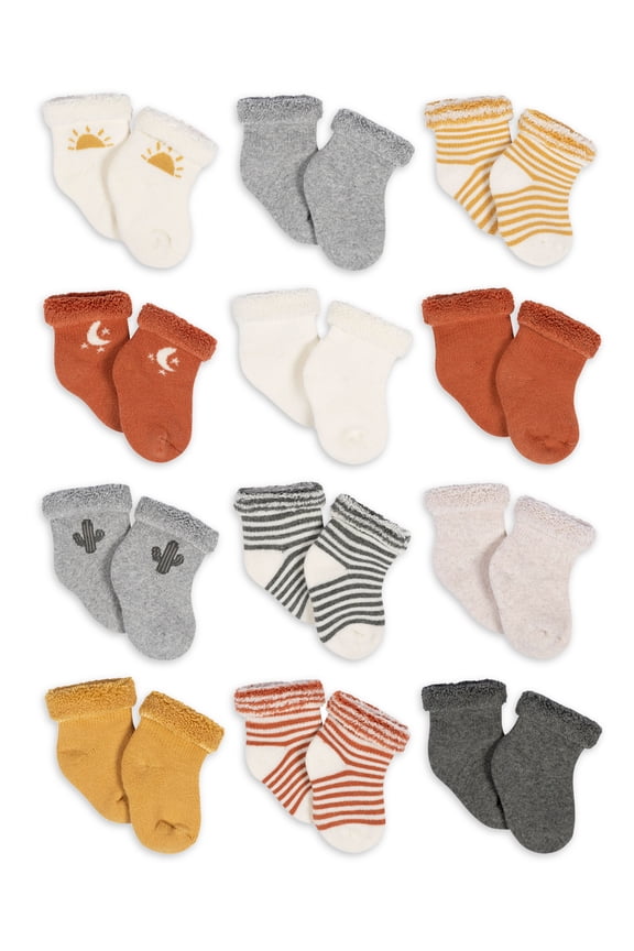 Baby Boy or Girl Gender Neutral Terry Wiggle-Proof Socks, 12-Pack (0-3 Months - 6/9 Months)