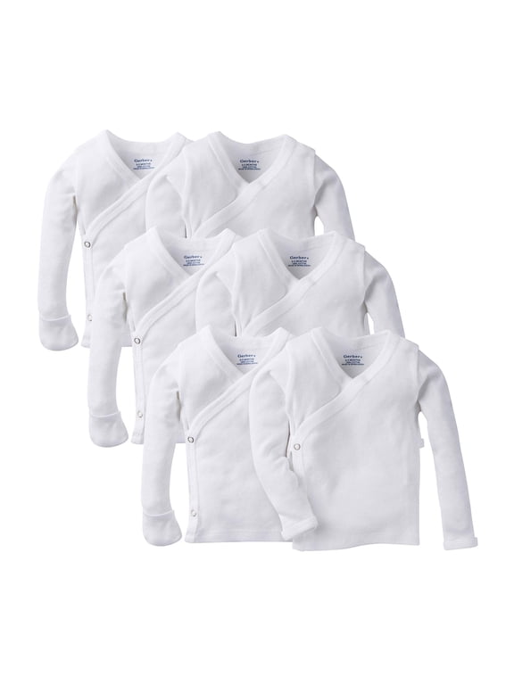 Baby Boy or Girl Gender Neutral White Long Sleeve Side Snap Shirt with Mitten Cuffs, 6-Pack