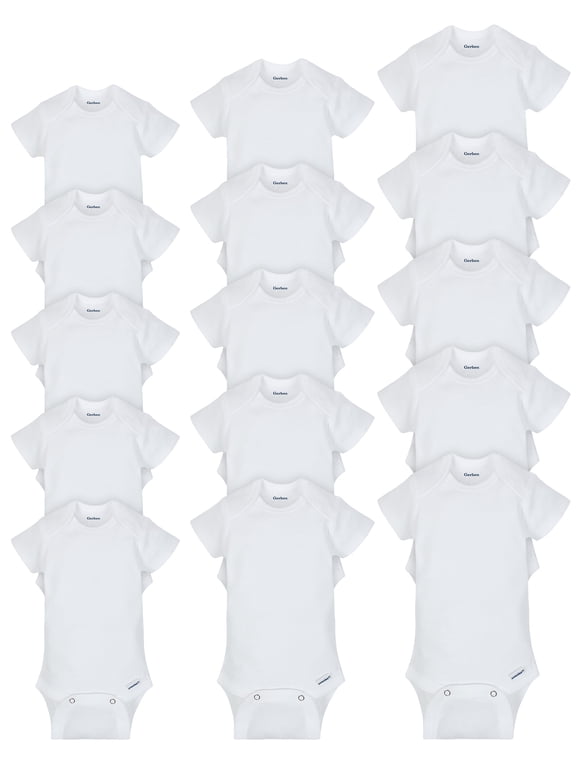 Baby Boy or Girl Gender Neutral White Onesies Short Sleeve Onesies Bodysuits Grow-With-Me Bundle, 15-Pack