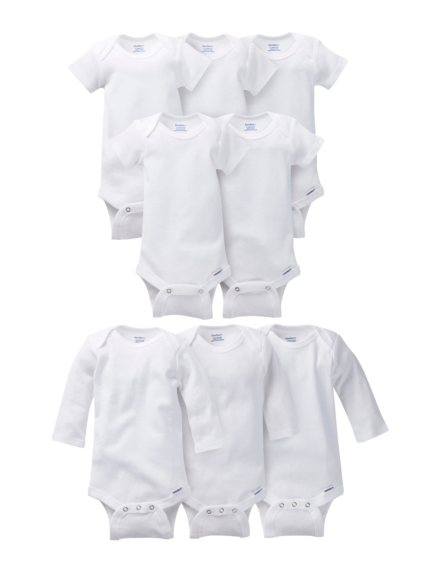 Gerber Baby Boy or Girl Gender Neutral White Short Sleeve and Long Sleeve Onesies Bodysuit Bundle, 8-Piece