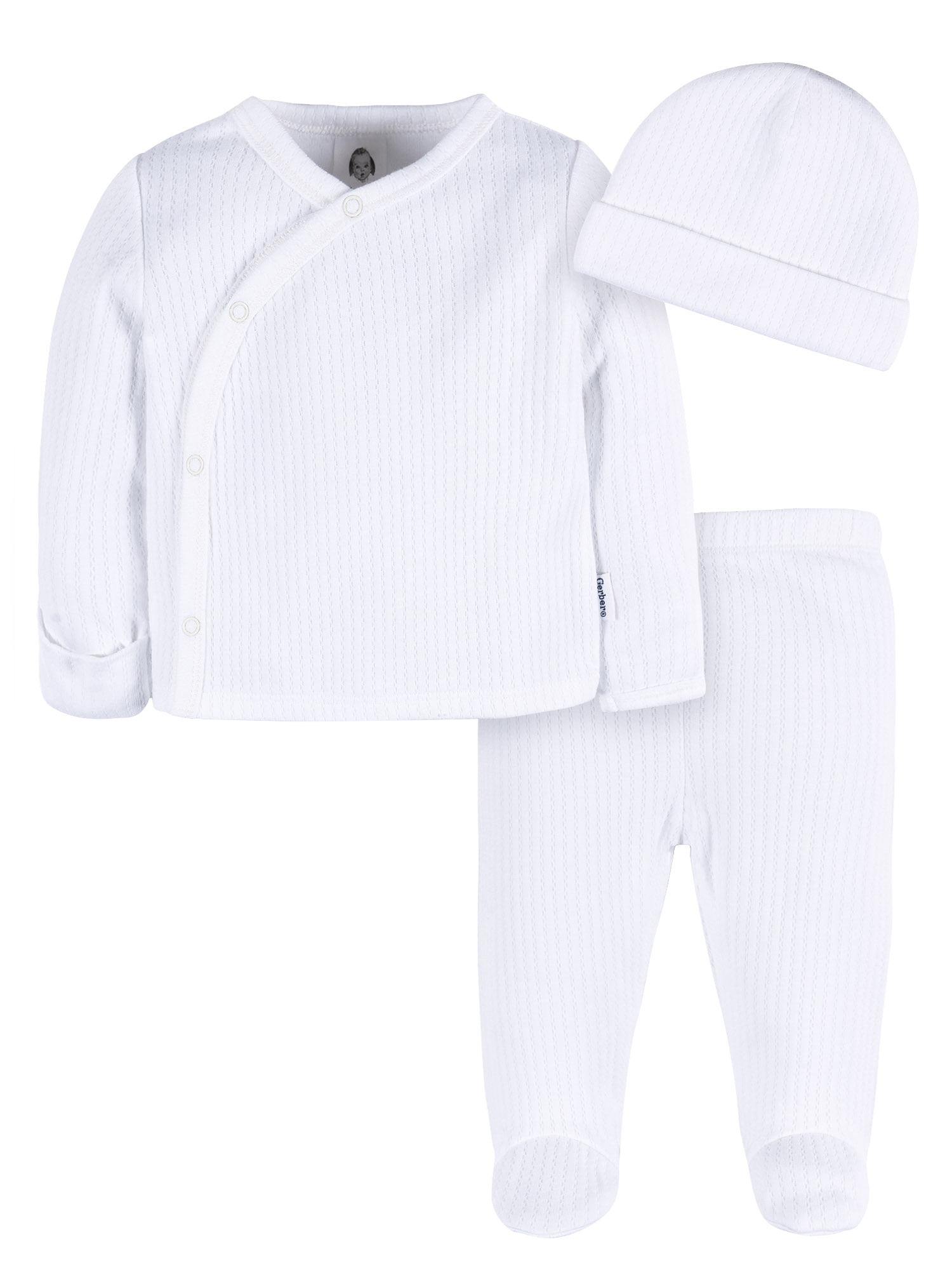 Gerber Baby Neutral White Cotton Take Me Home Outfit Set, 3-Piece, Sizes Preemie - 0/3 Months
