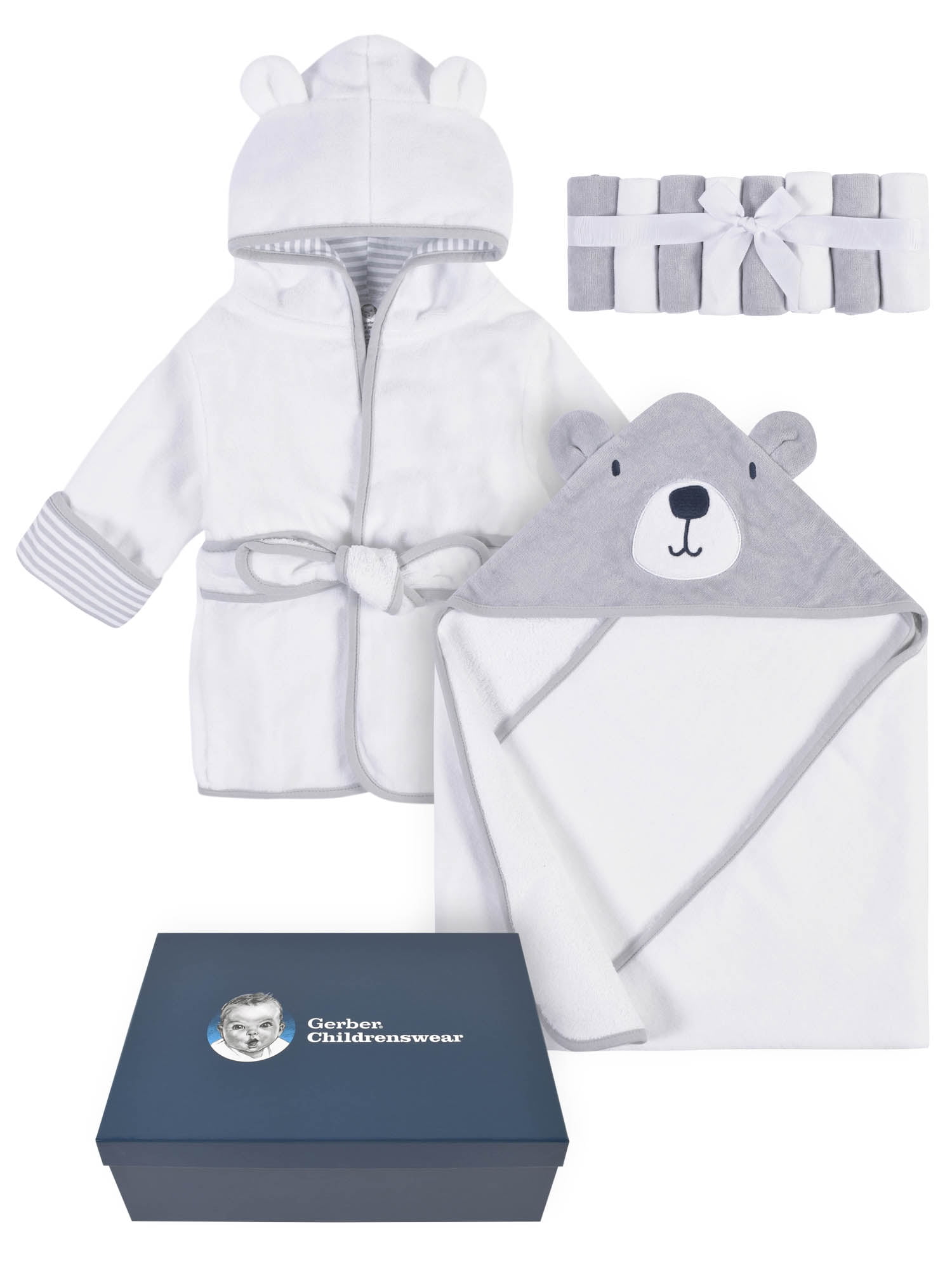 Gerber Baby Boy or Girl Unisex Velour Hooded Towel, Robe, & Washcloths Baby Shower Gift Box Set, 10-Piece