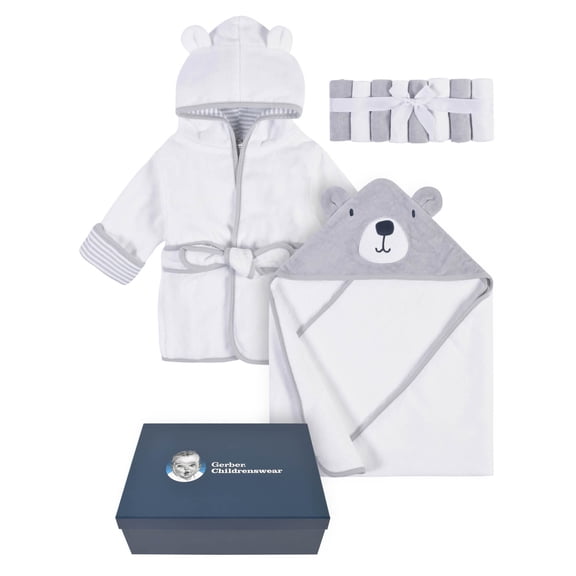 Gerber Baby Boy or Girl Unisex Velour Hooded Towel, Robe, & Washcloths Baby Shower Gift Box Set, 10-Piece