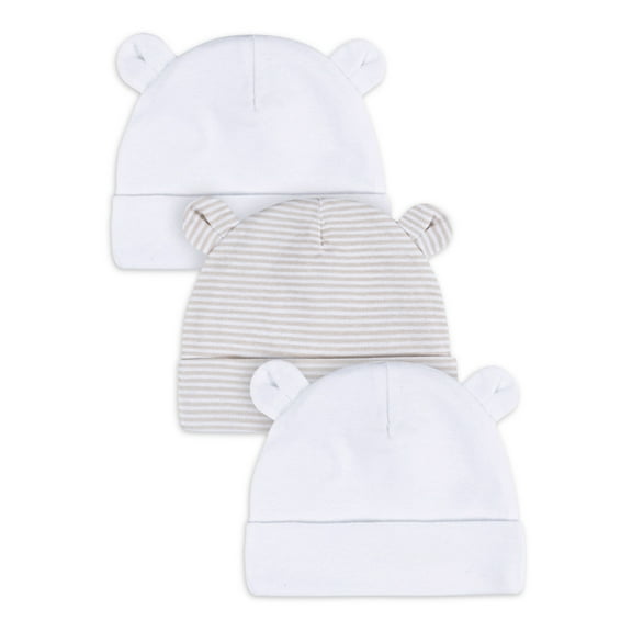 Gerber Baby Neutral White Caps with Ears, 3-Pack, Sizes Newborn - 0/6 Months