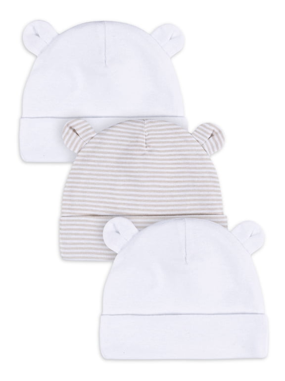 Baby Boy or Girl Neutral White Cotton Caps with Ears, 3-Pack, Sizes Newborn - 0/6 Months