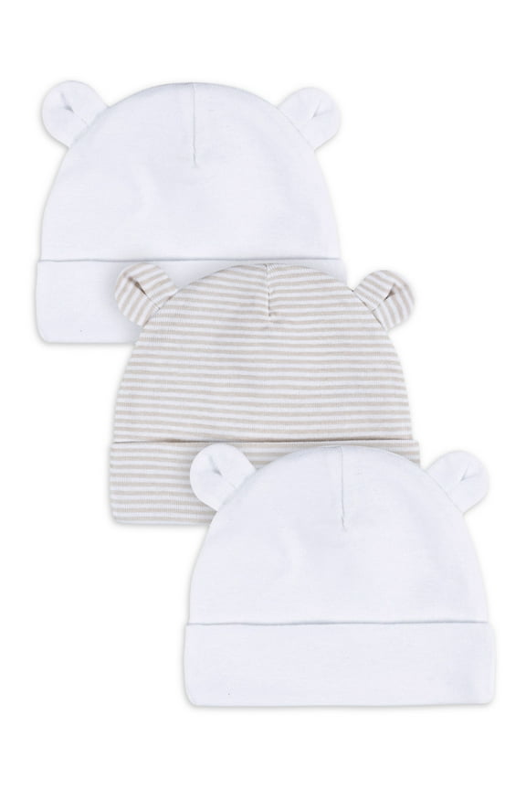 Baby Neutral White Caps with Ears, 3-Pack, Sizes Newborn - 0/6 Months