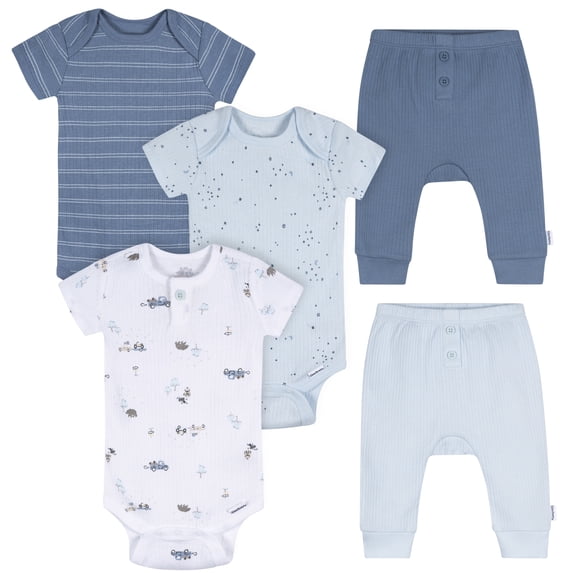 Gerber Baby Boys' 5-Piece Bodysuits & Pants Set, Road Trip, 0/3 Months - 9 Months