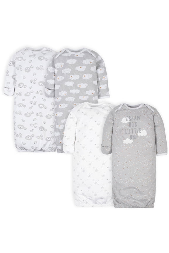 Baby Gender Neutral Long Sleeve Gown, 4 Pack, Size Preemie - 0-6 Months