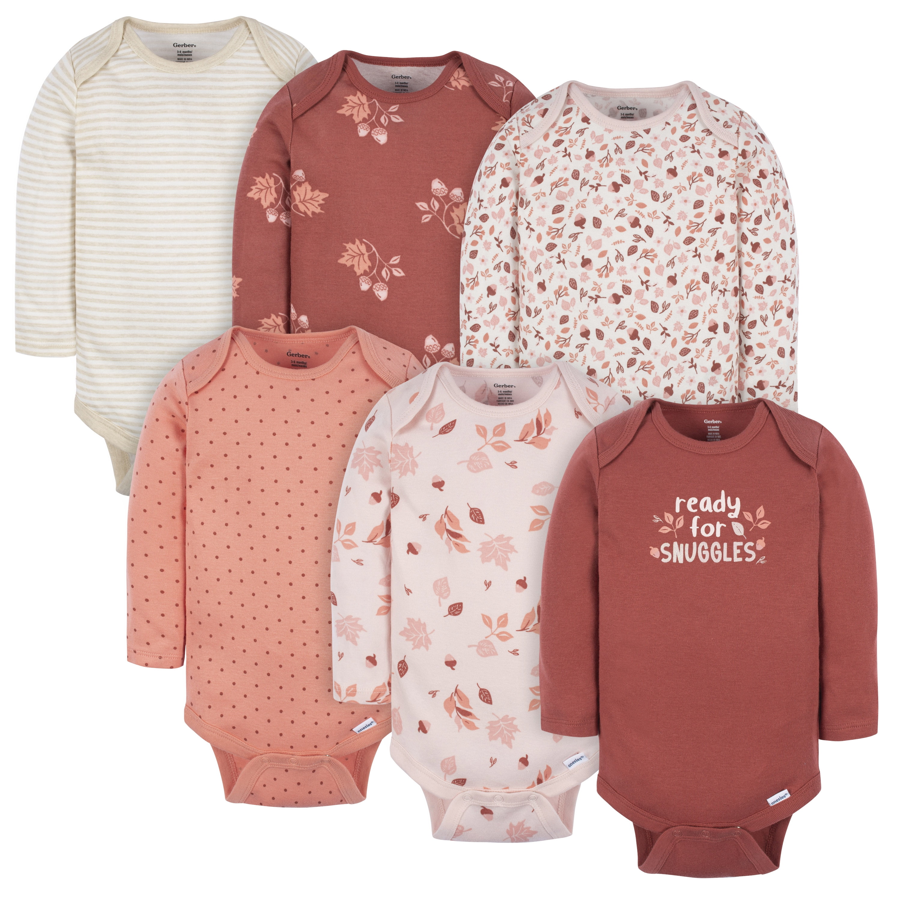 Gerber Baby Gender Neutral Long Sleeve Onesies Bodysuits, 6-Pack, Sizes Newborn - 12 Months