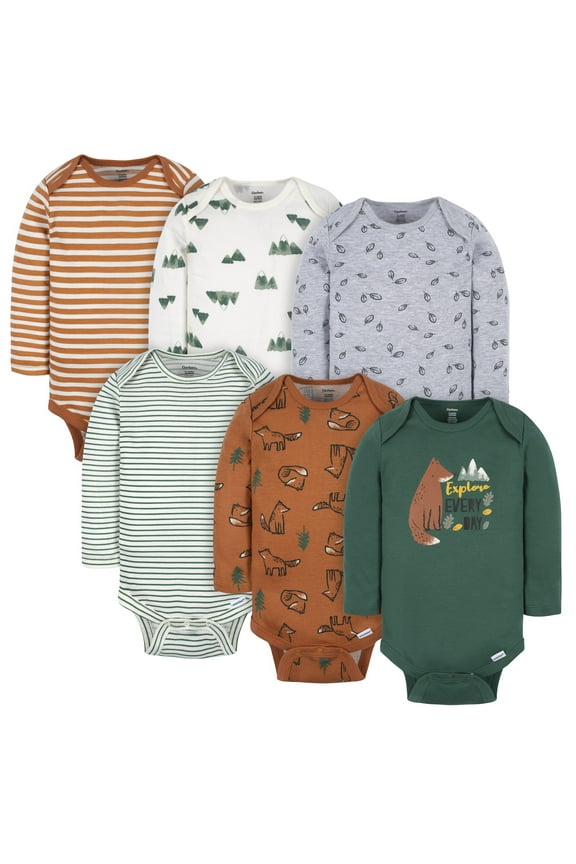Baby Gender Neutral Long Sleeve Onesies Bodysuits, 6-Pack, Sizes Newborn - 12 Months