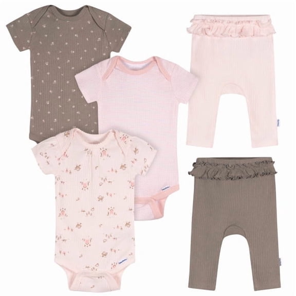 Gerber Baby Girl 5 - Piece Bodysuits & Pants Garden Set, Sizes (Newborn - 9 Months)