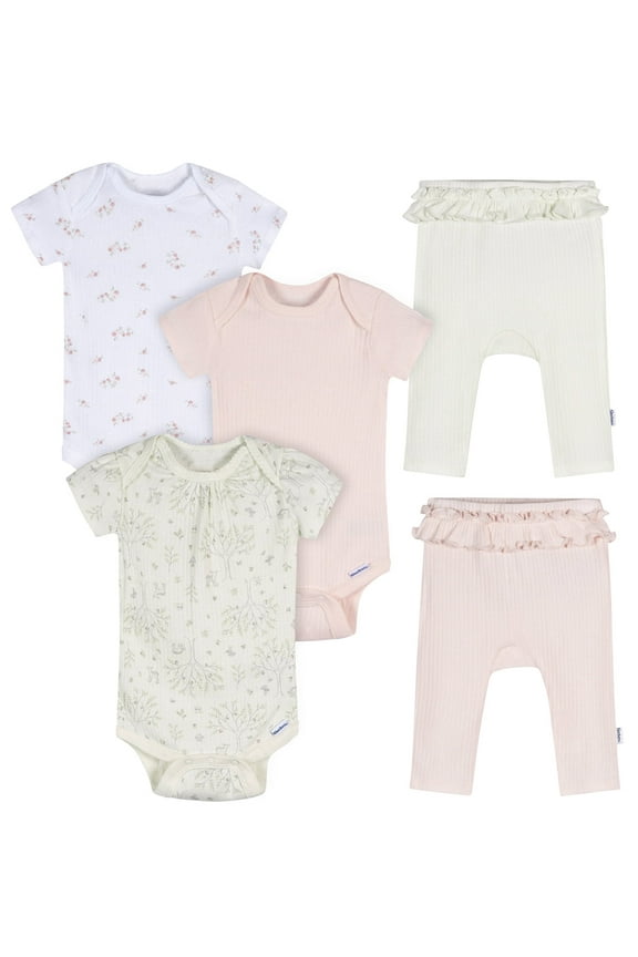Baby Girl 5 - Piece Bodysuits & Pants Garden Set, Sizes (Newborn - 9 Months)