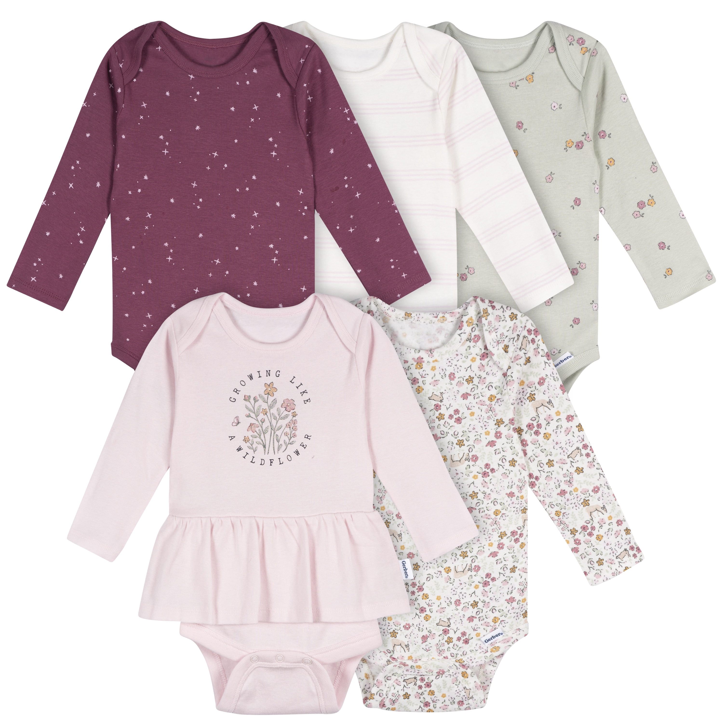Gerber Baby Girl 5Pk Long Sleeve Onesies Sizes 0/3 Months - 12 Months