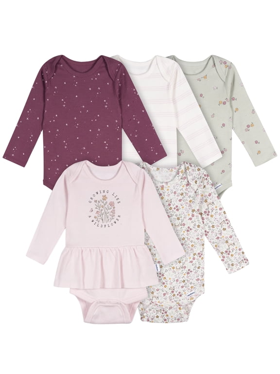 Baby Girl 5Pk Long Sleeve Onesies Sizes 0/3 Months - 12 Months