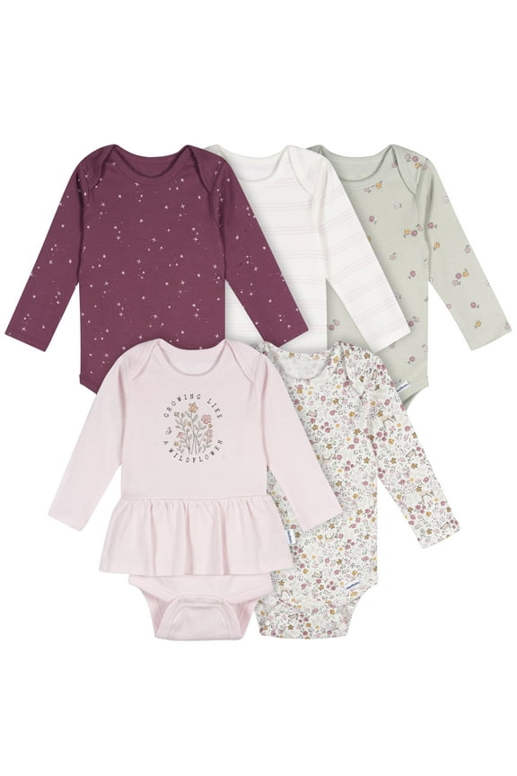Baby Girl 5Pk Long Sleeve Onesies Sizes 0/3 Months - 12 Months
