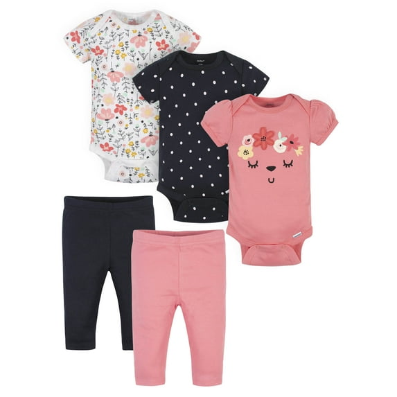 Gerber Baby Girl Bodysuits & Pants Outfit Set, 5-Piece, Newborn-12 Months