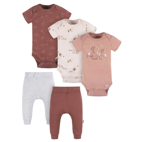 Gerber Baby Girl Bodysuits & Pants Outfit Set, 5-Piece, Newborn-12 Months