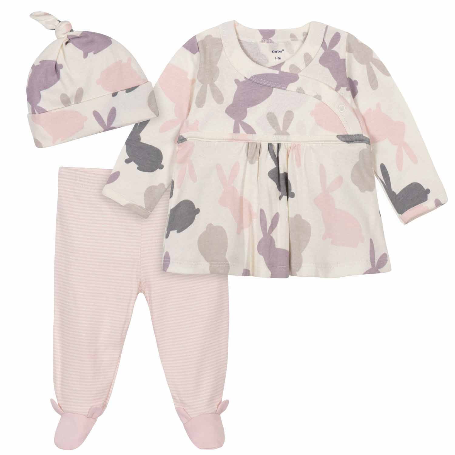 Gerber Baby Girl Bunny Take Me Home Snap Shirt, Footed Pants & Cap, 3